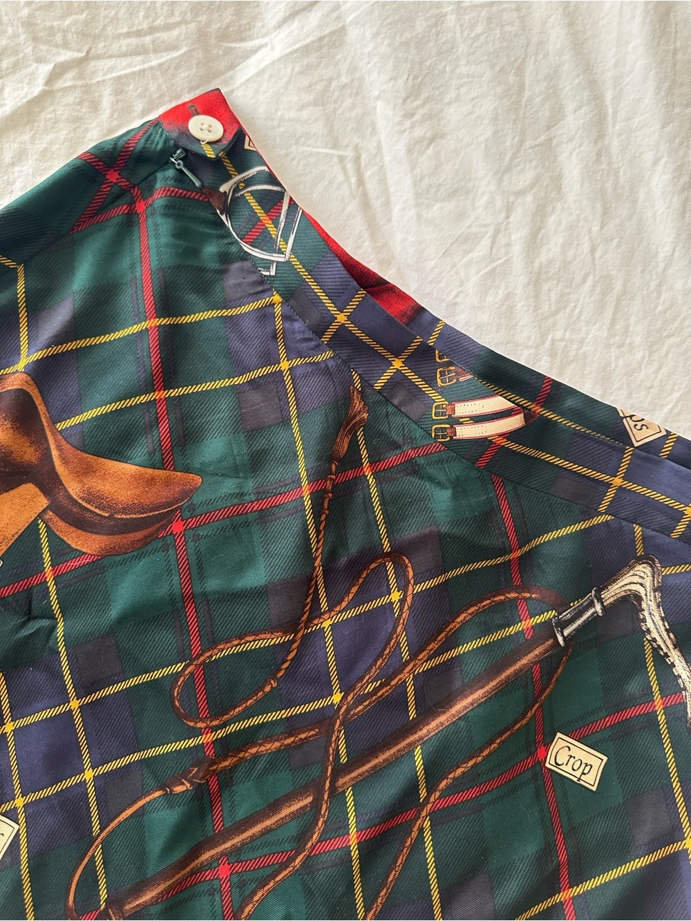 RARE 90’s Vintage Ralph Lauren Green Plaid Equestrian-Print Silk A-Line Skirt - Picture 4 of 8